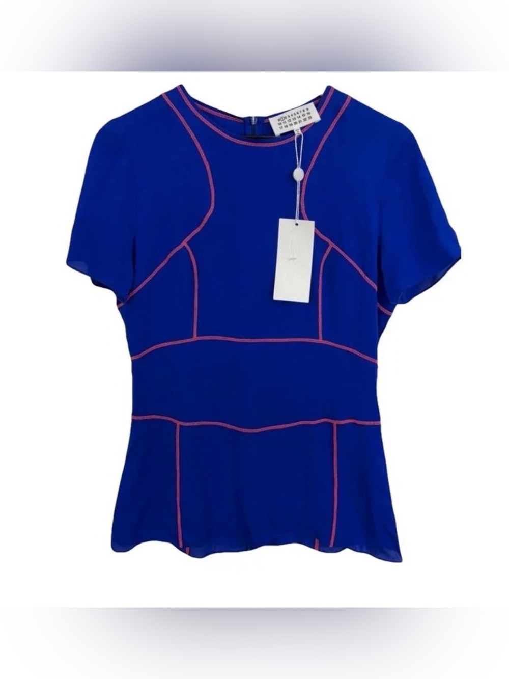 NWT Maison Martin Margiela Cobalt Blue Short Sleeve Top with Pink Piping Sz 42